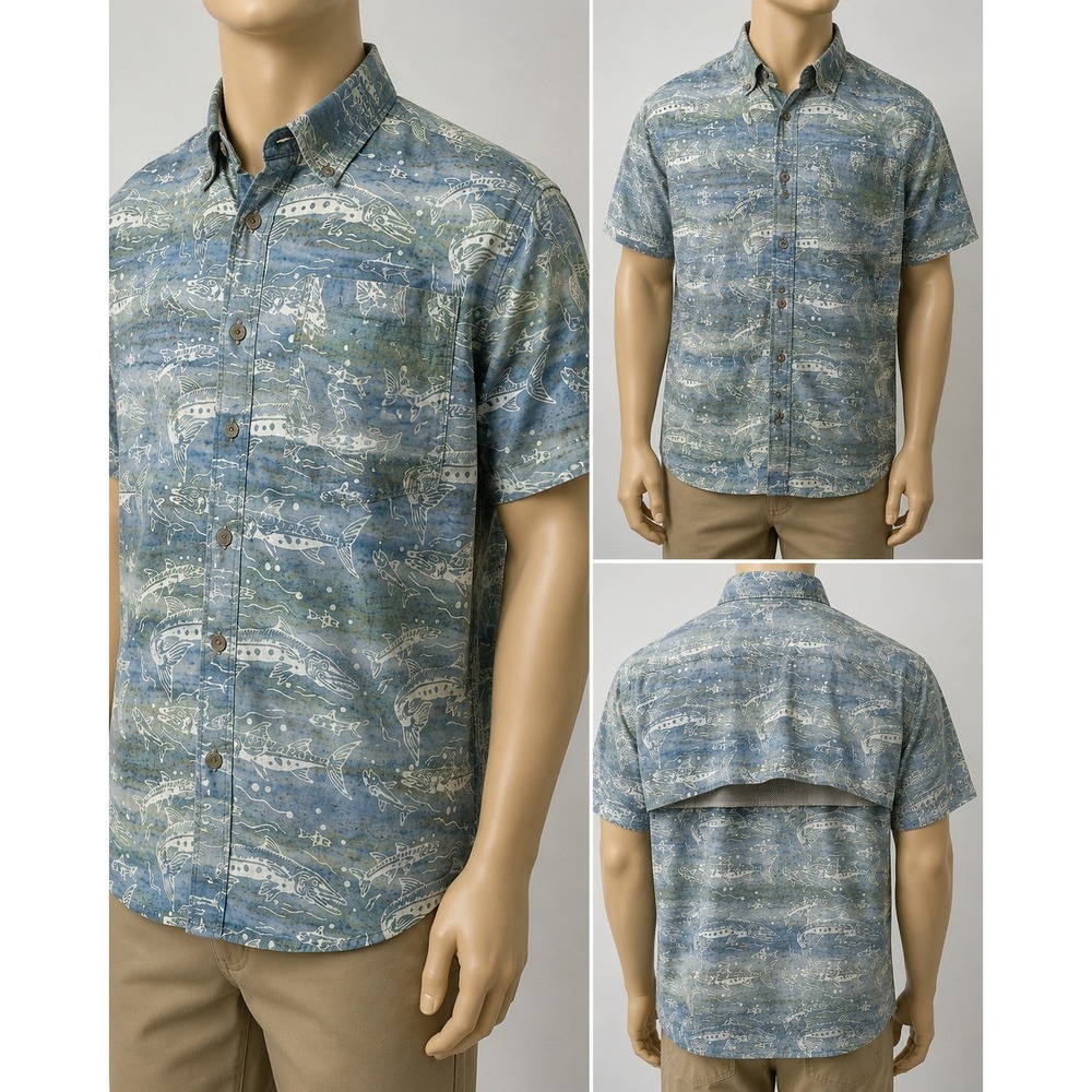 Redington Fishing Shirt Mens L Fish‎ Print Vented Mesh Cotton Button Up